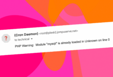 Screenshot of the email notification regarding this error on a colourful pink and orange background.