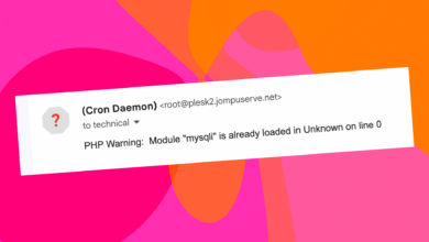 Screenshot of the email notification regarding this error on a colourful pink and orange background.