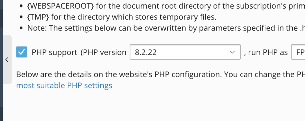 Plesk PHP version selector. Set to 8.2.22