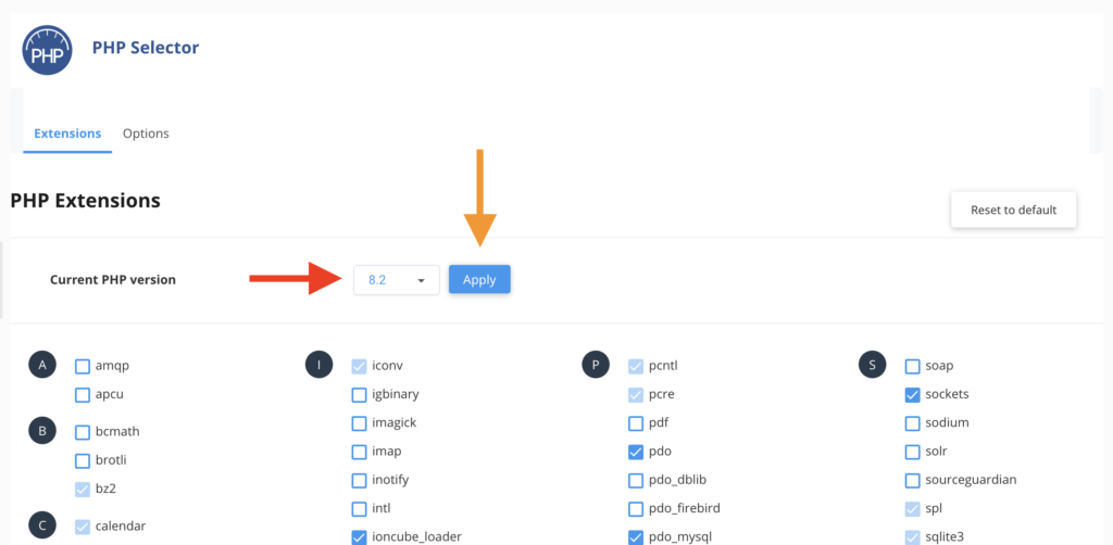 PHP Selector with a red arrow pointing at the PHP version, and an orange arrow pointing at the Apply button.